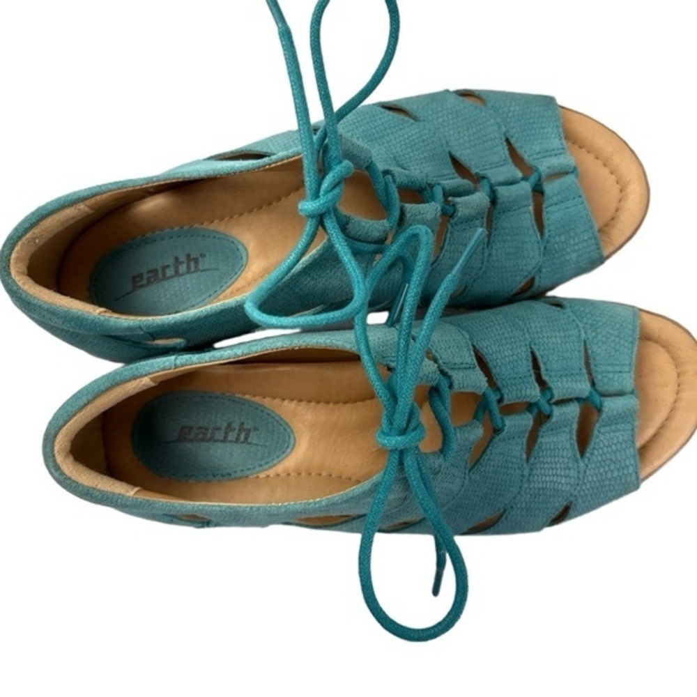 Earth Plover Womens 7.5B Teal Suede Pebbled Leather Sandal Shoes Boho Lace Up - Picture 7 of 8